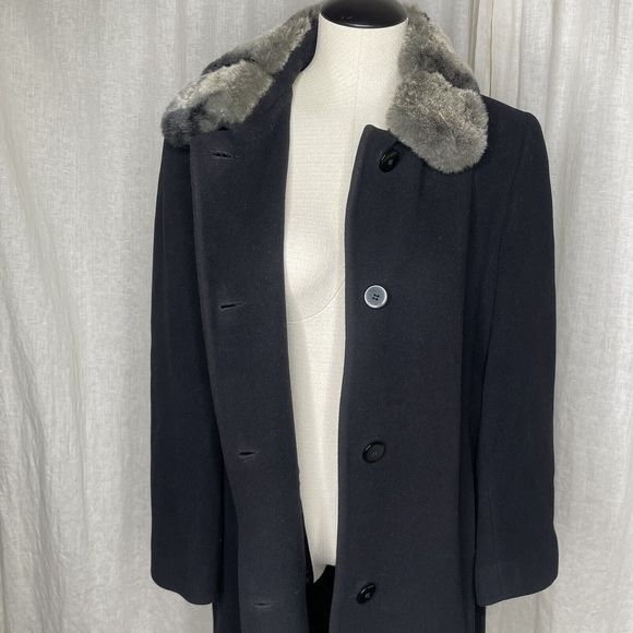 Wool Coat Womens 8 Black Lambswool Blend Fur Collar Forecaster of Boston Topcoat - Picture 8 of 15